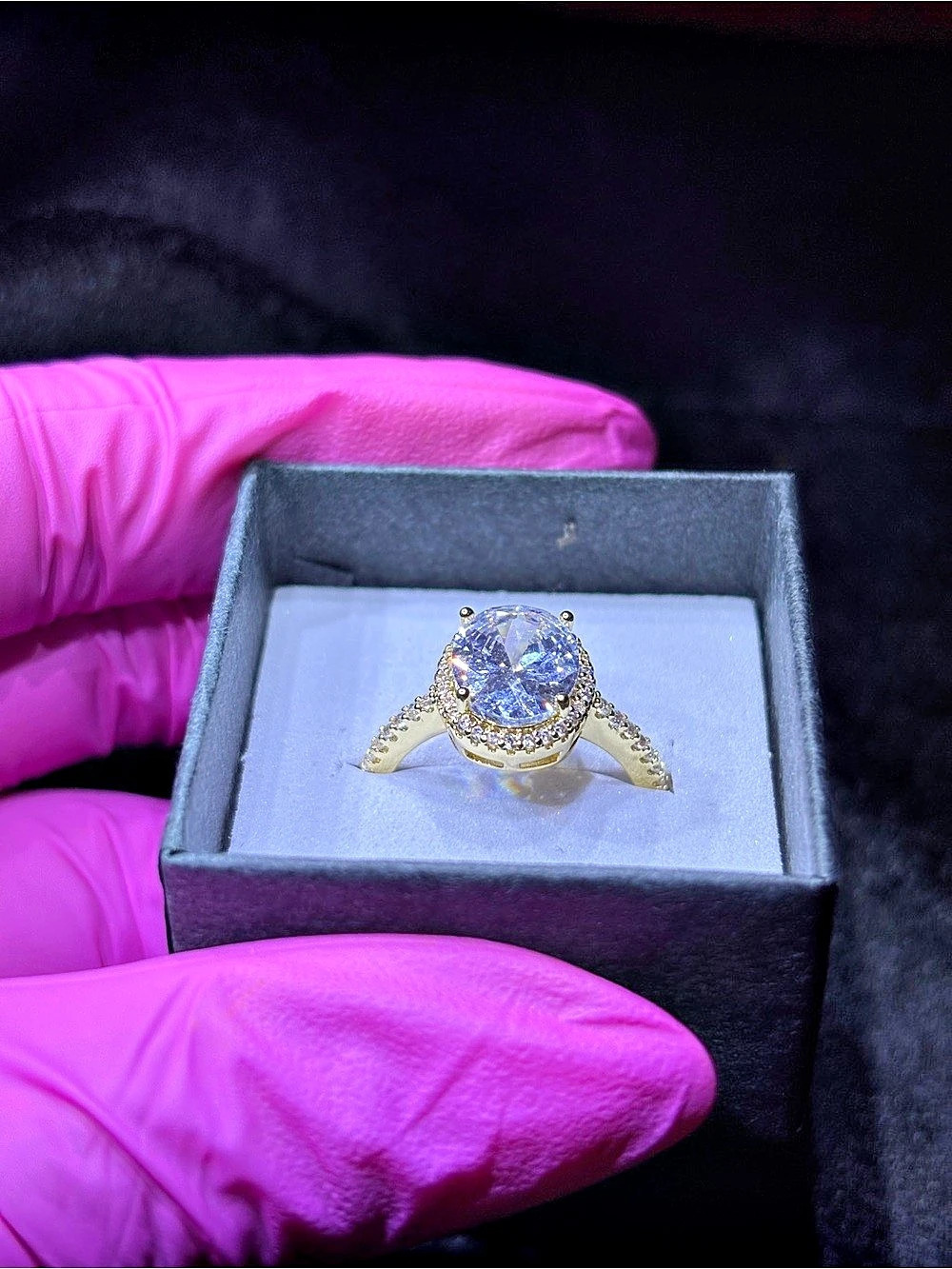 Gold Filled AAA CZ Oval-Cut Halo Solitaire Ring Size 7 - Picture 3 of 12